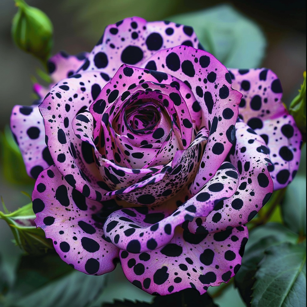 Purple Polka Dot Rose with black spots blooming in a garden