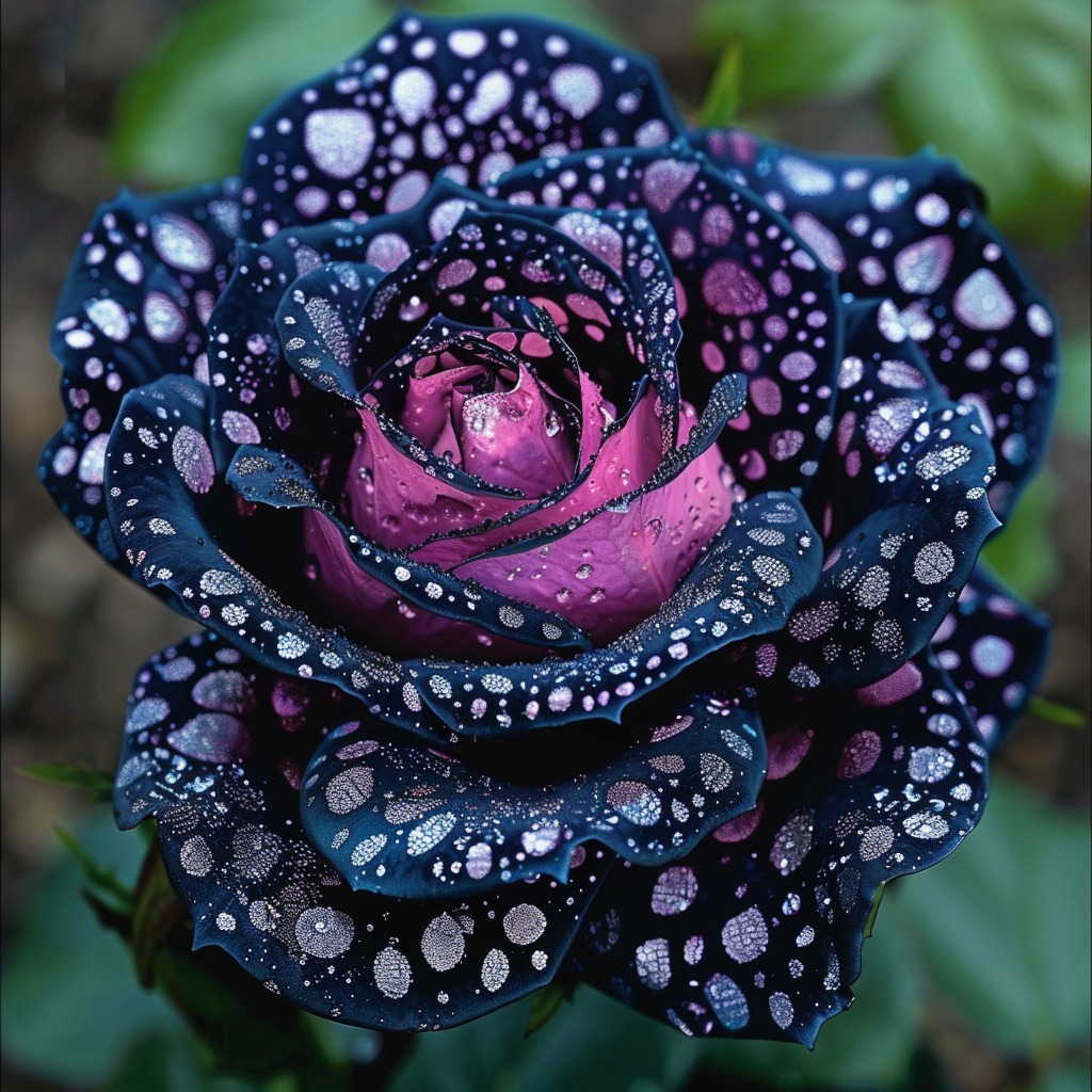 Dark purple Polka Dot Rose with metallic silver spots and water droplets