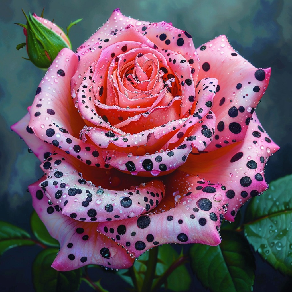 Pink Polka Dot Rose with black spots and water droplets