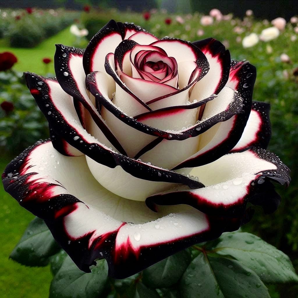 Black and white bi-colored rose with water droplets on petals in a garden