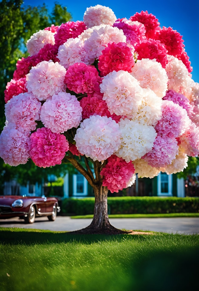 Tree with large pink, white, and red flower clusters in a vibrant garden