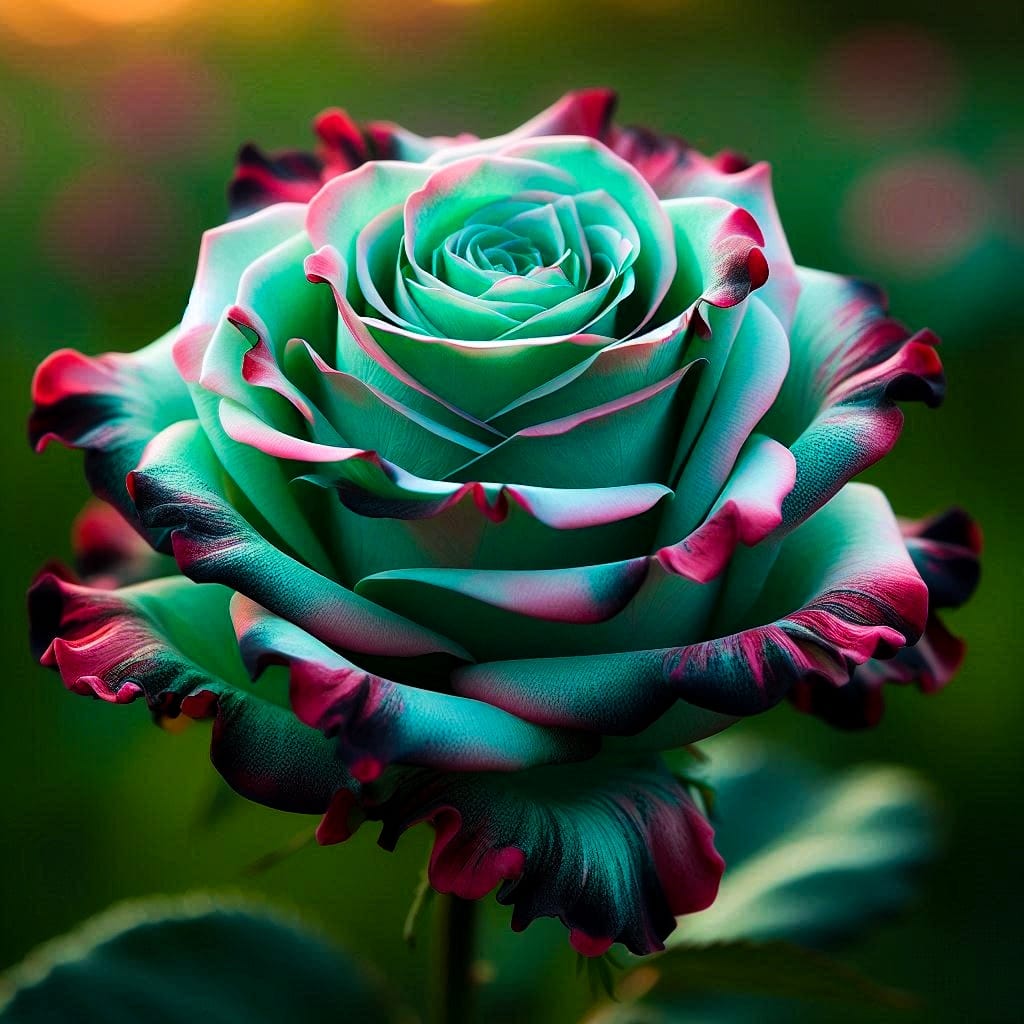 Multicolored rose with teal and pink petals in a soft garden background