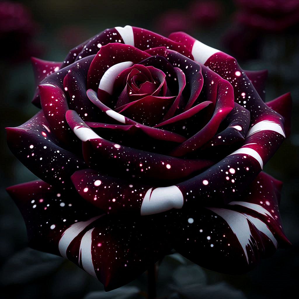 Dark red rose with white speckles and streaks in a garden at night