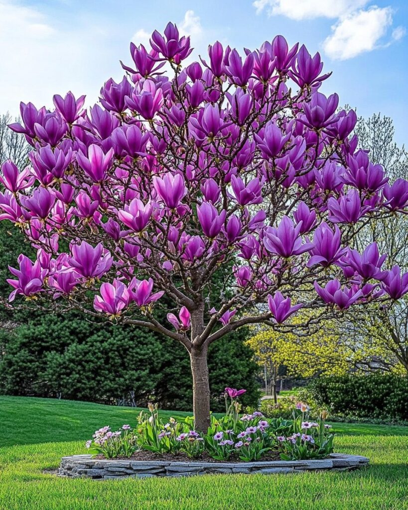 A purple magnolia tree in full bloom, set against a green lawn and a clear blue sky, surrounded by smaller flowers.