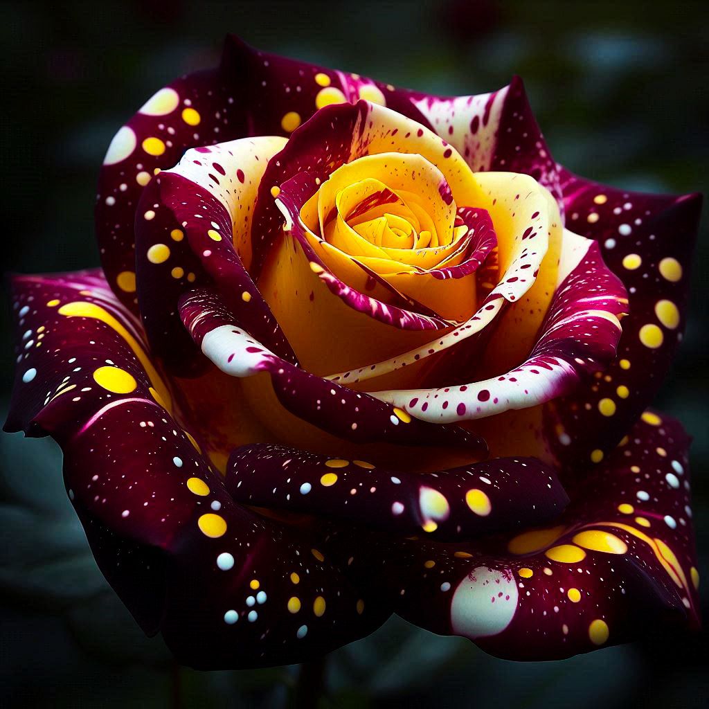 Yellow and maroon rose with speckles of white and yellow in a garden