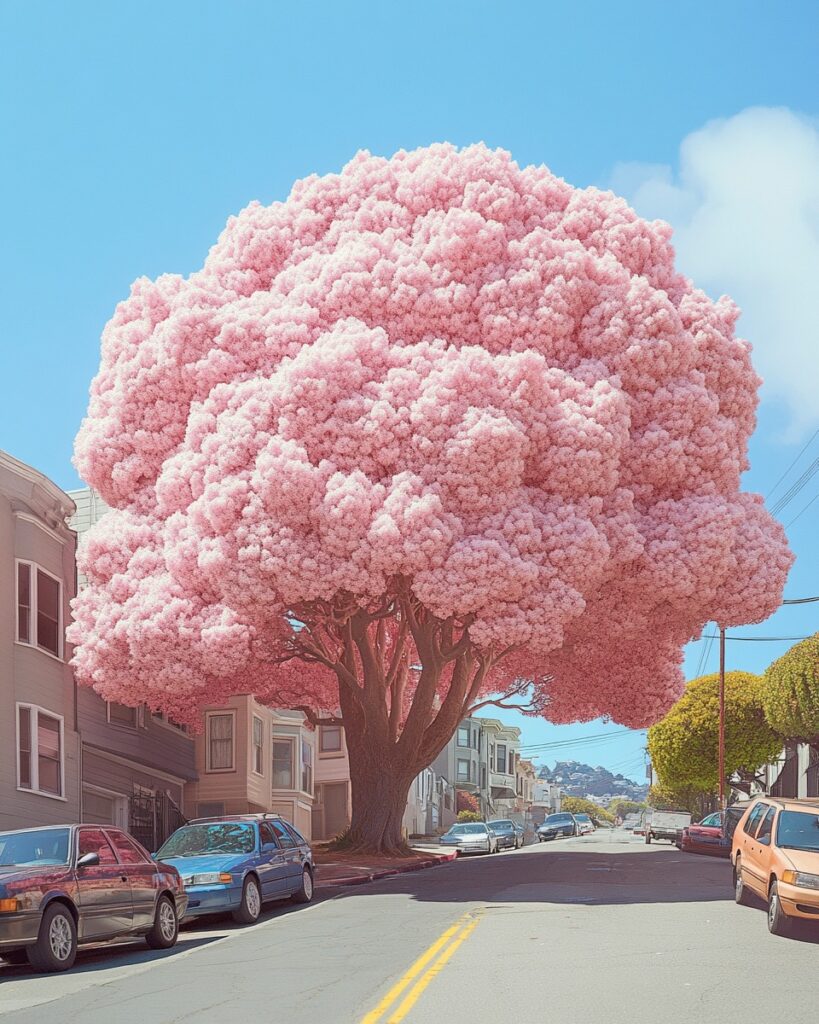 Massive Cherry Blossom Tree in Full Pink Bloom Overlooking a Neighborhood Street