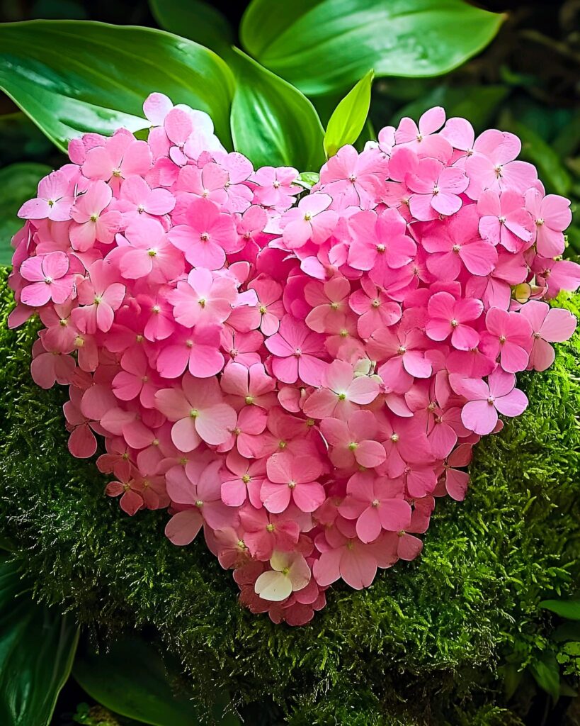 Heart-shaped cluster of pink flowers on green moss in a garden