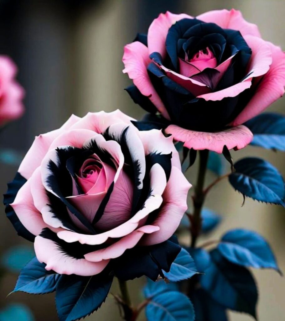 Two-toned black and pink roses with dark blue leaves in a garden