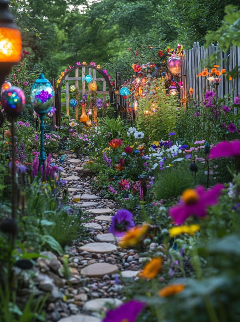 Magical garden pathway lined with vibrant flowers and glowing lanterns at dusk