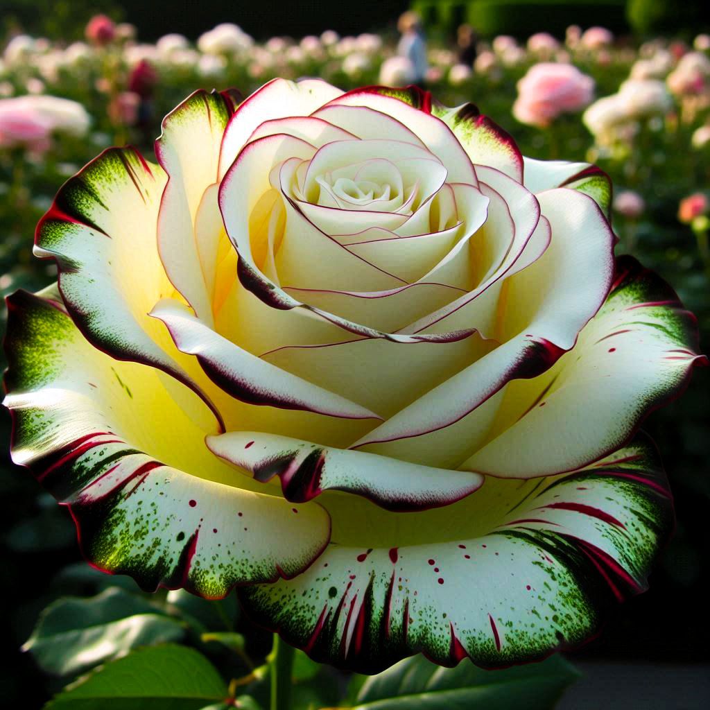 Yellow rose with green and red-tipped petals in a garden