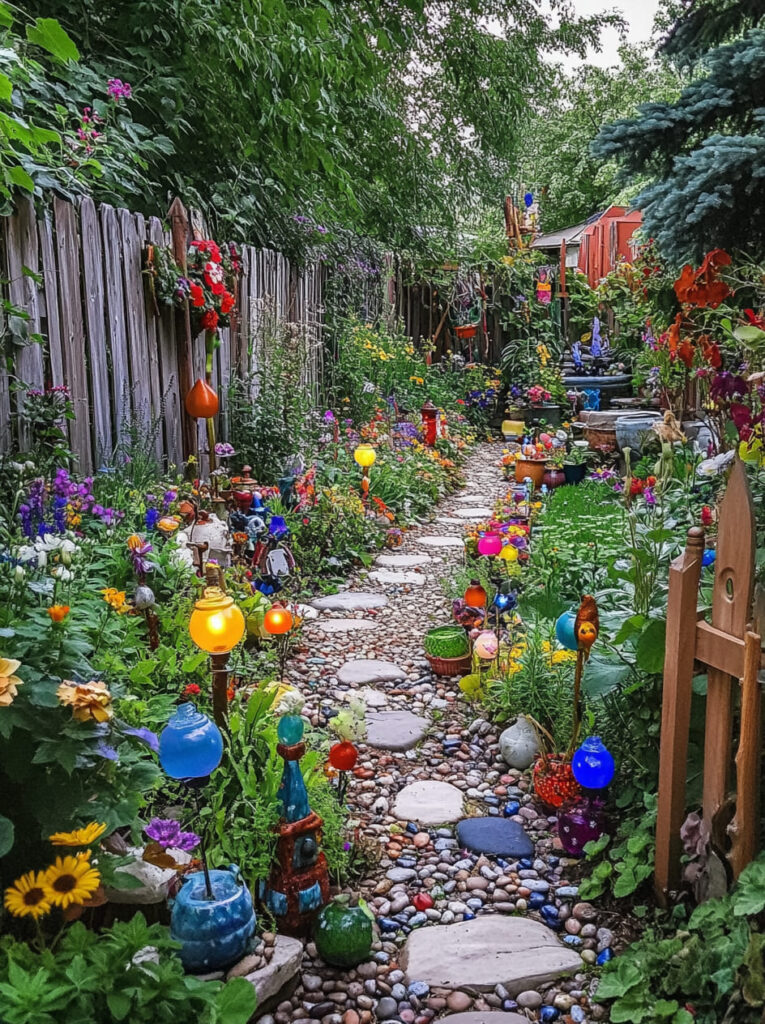 Magical garden pathway lined with vibrant flowers and glowing lanterns at dusk