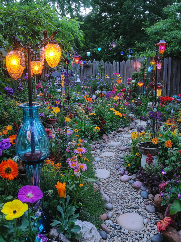 Magical garden pathway lined with vibrant flowers and glowing lanterns at dusk