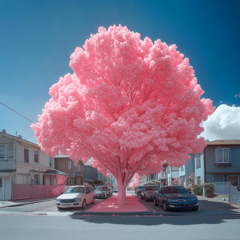 Giant Pink Jacaranda Tree in the Middle of an Urban Street