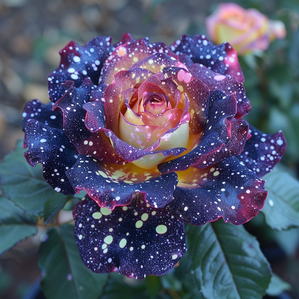 Multicolored rose with speckled purple and yellow petals in a garden