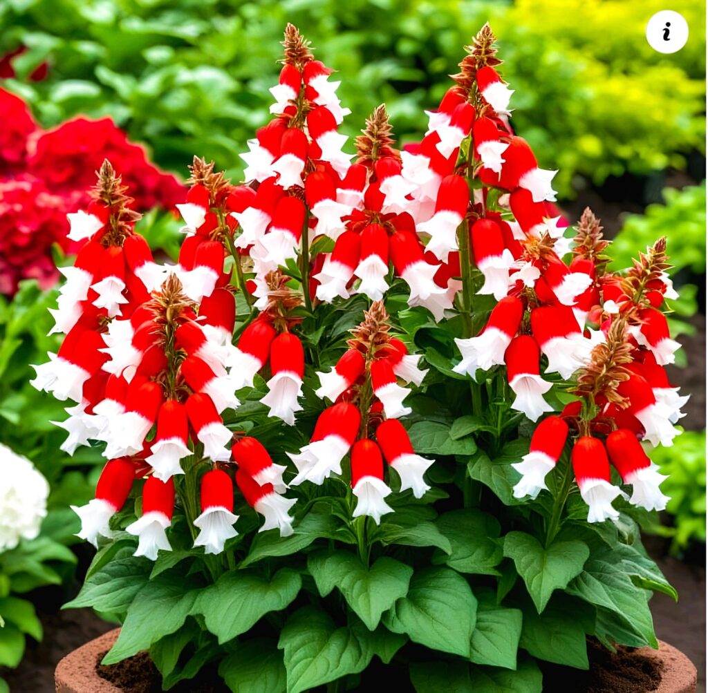 Red and white bell-shaped flowers blooming in a vibrant garden