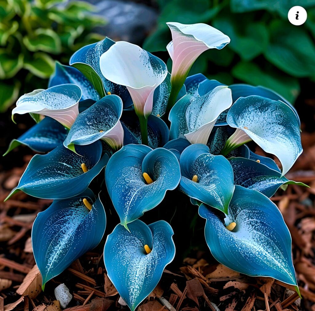 Blue and white calla lilies with speckled petals in a garden