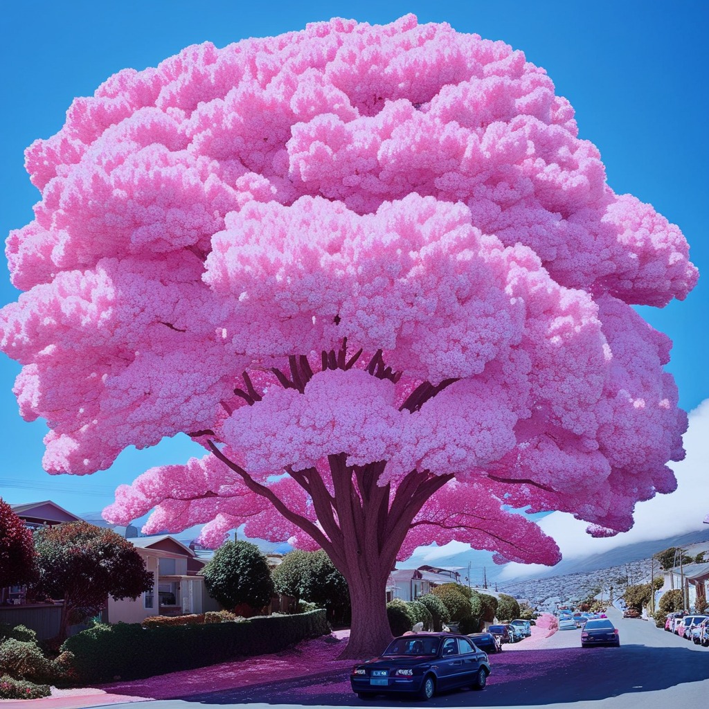 Magnificent Pink Jacaranda Tree in Full Bloom Covering a Residential Street