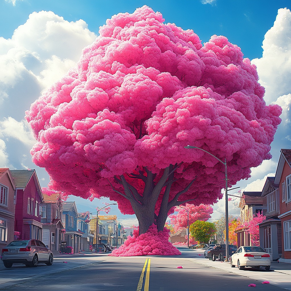 Giant Pink Jacaranda Tree Overlooking a Quaint City Street