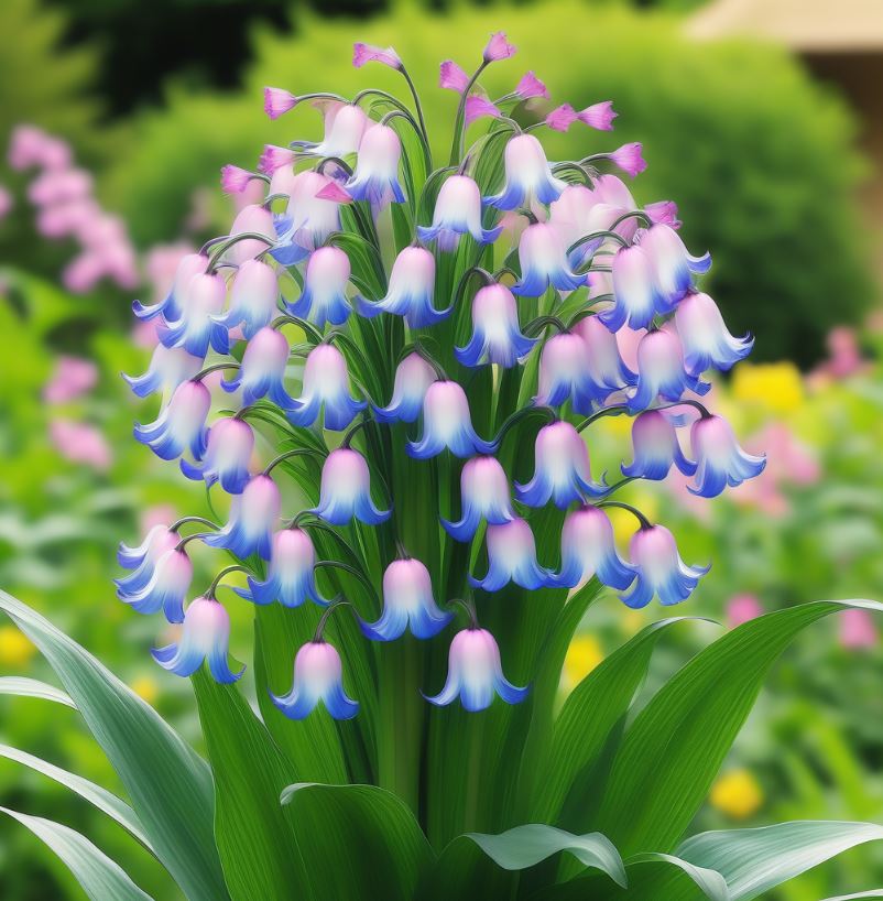 Vibrant Blue and Pink Bell-Shaped Flowers in a Lush Garden