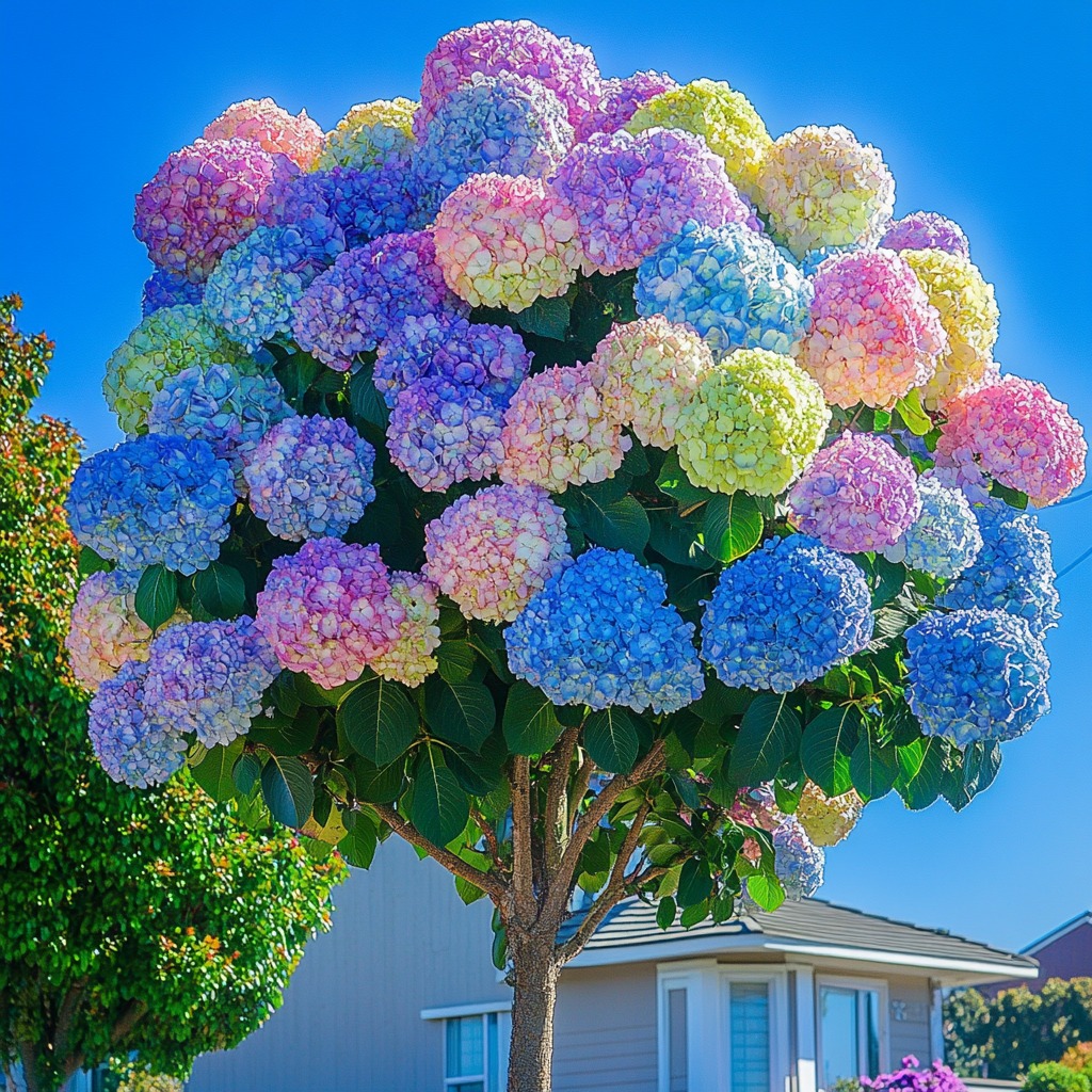 Multi-colored Hydrangea tree in a suburban neighborhood