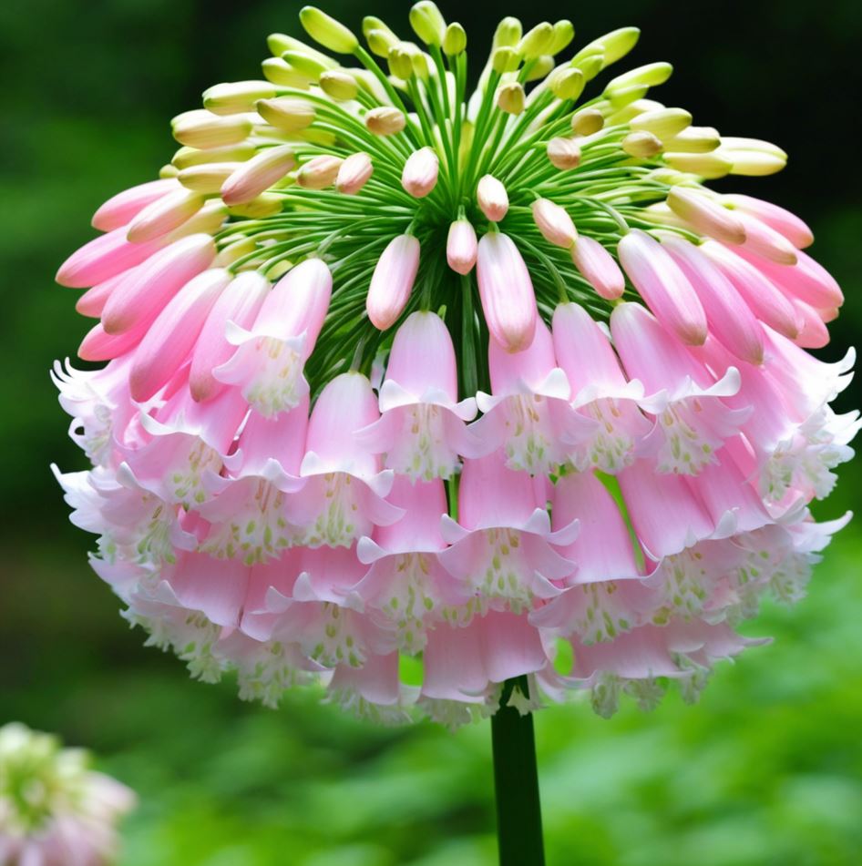 Large Pink and White Bell-Shaped Flower Cluster on Green Stem.
