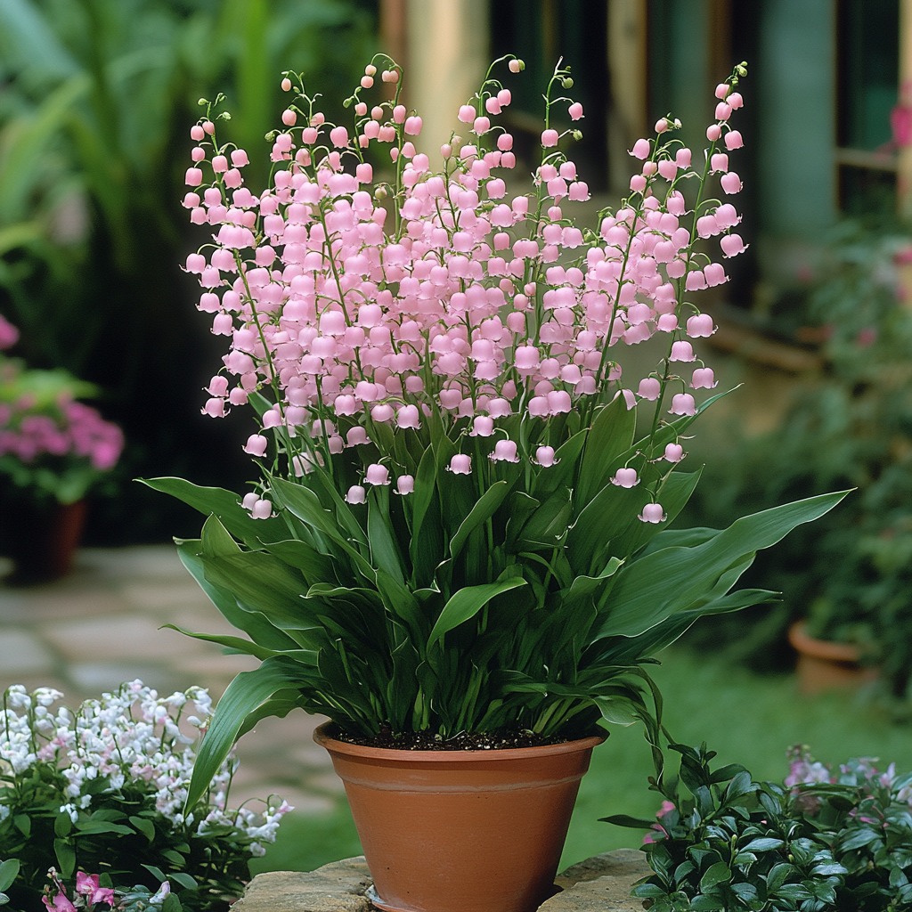 Potted Pink Lily of the Valley Flowers in a Garden Setting