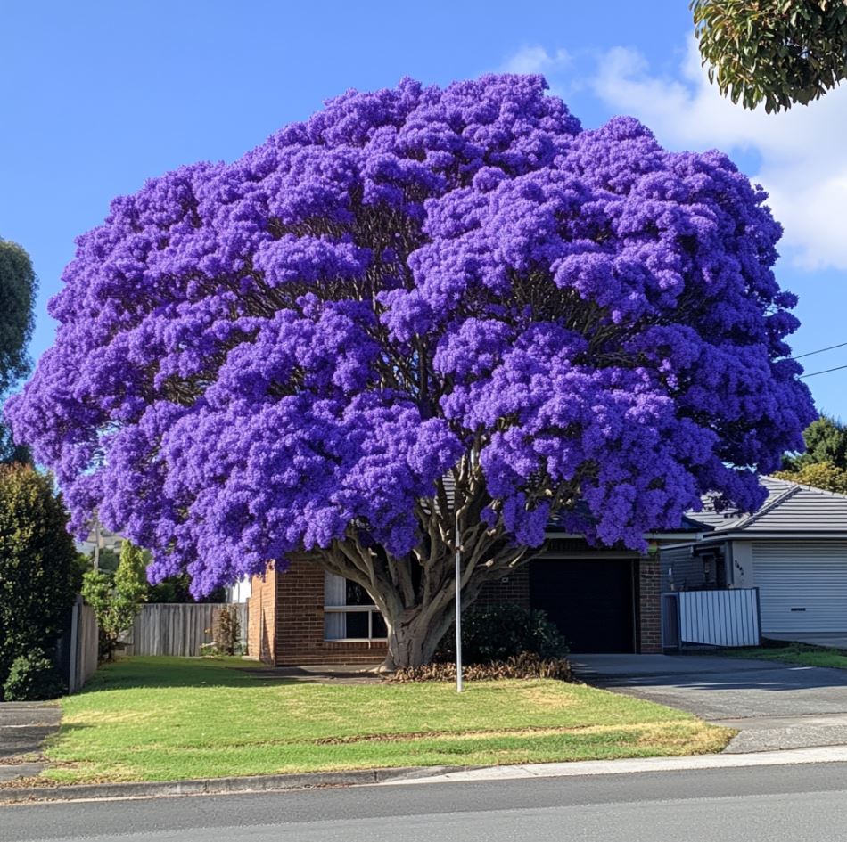 Majestic purple tree in a suburban neighborhood