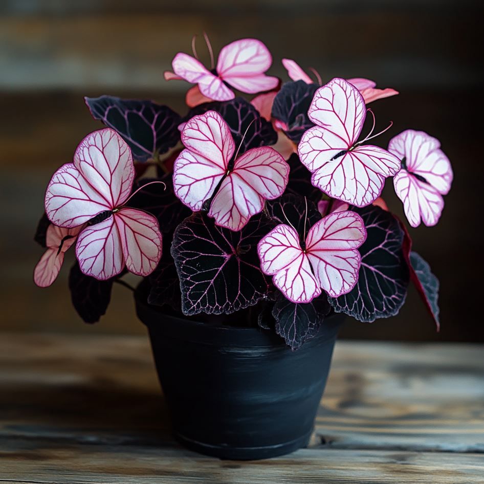 Begonia plant with pink and black butterfly-shaped flowers in a dark pot on a wooden table.