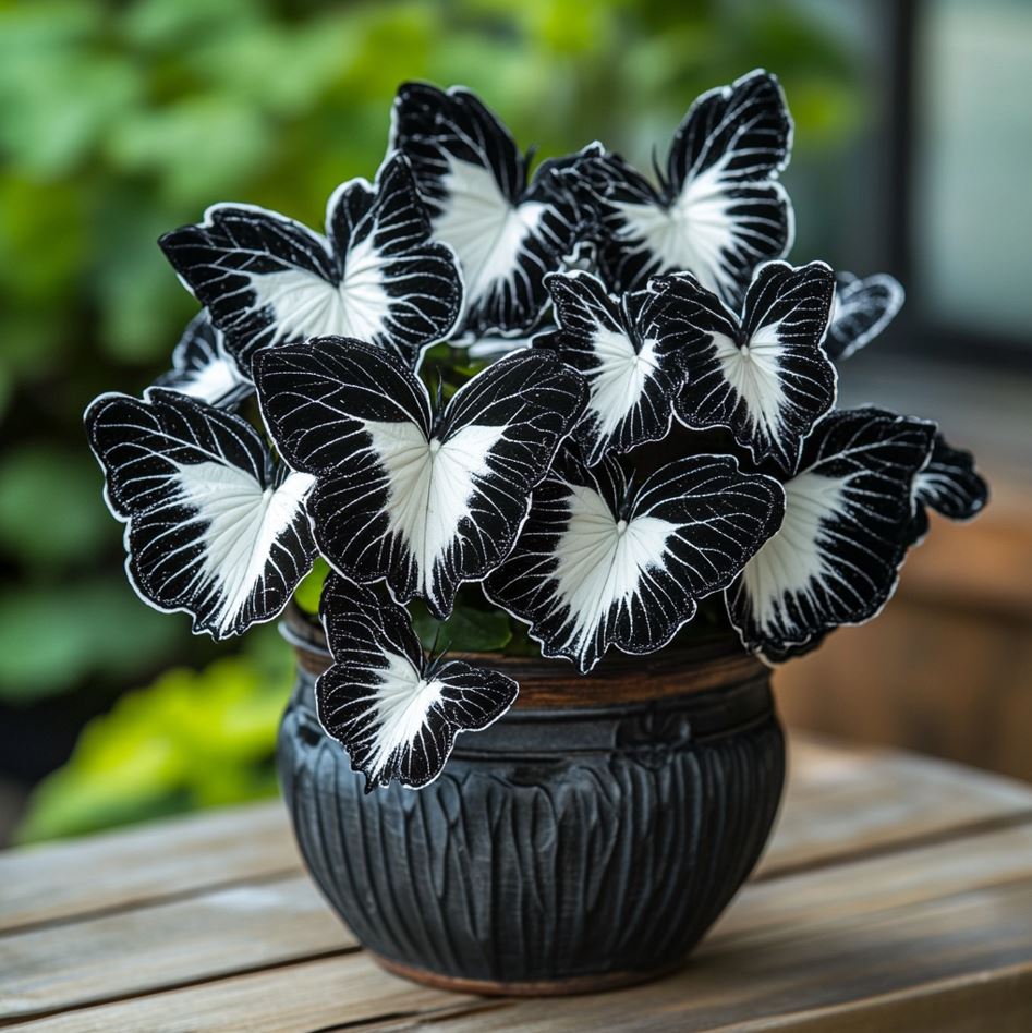 Begonia Butterfly Plant with black and white butterfly-shaped leaves in a pot