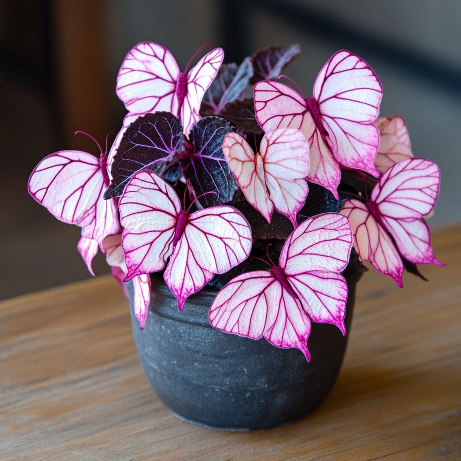 Begonia Butterfly Plant with pink and white butterfly-shaped leaves in a pot