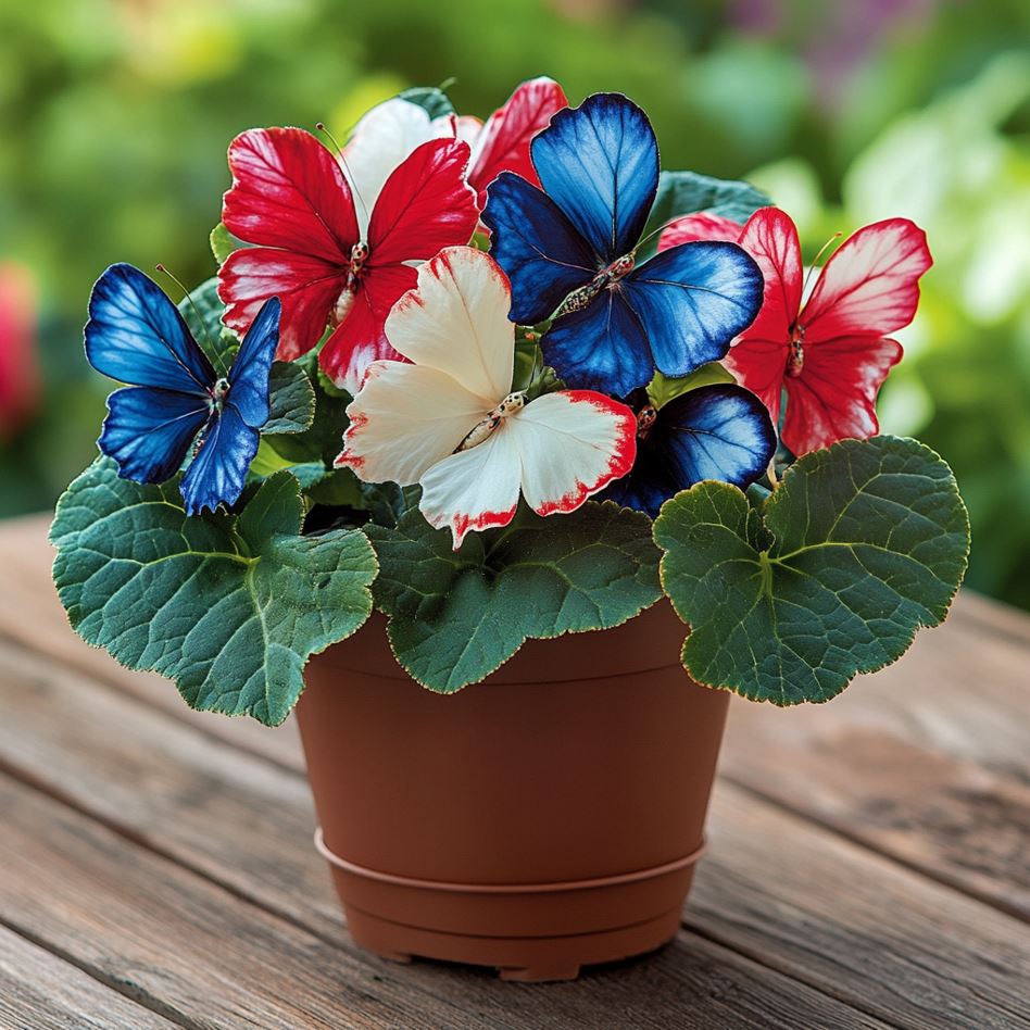 Begonia Butterfly Plant with red, white, and blue butterfly-shaped leaves in a pot