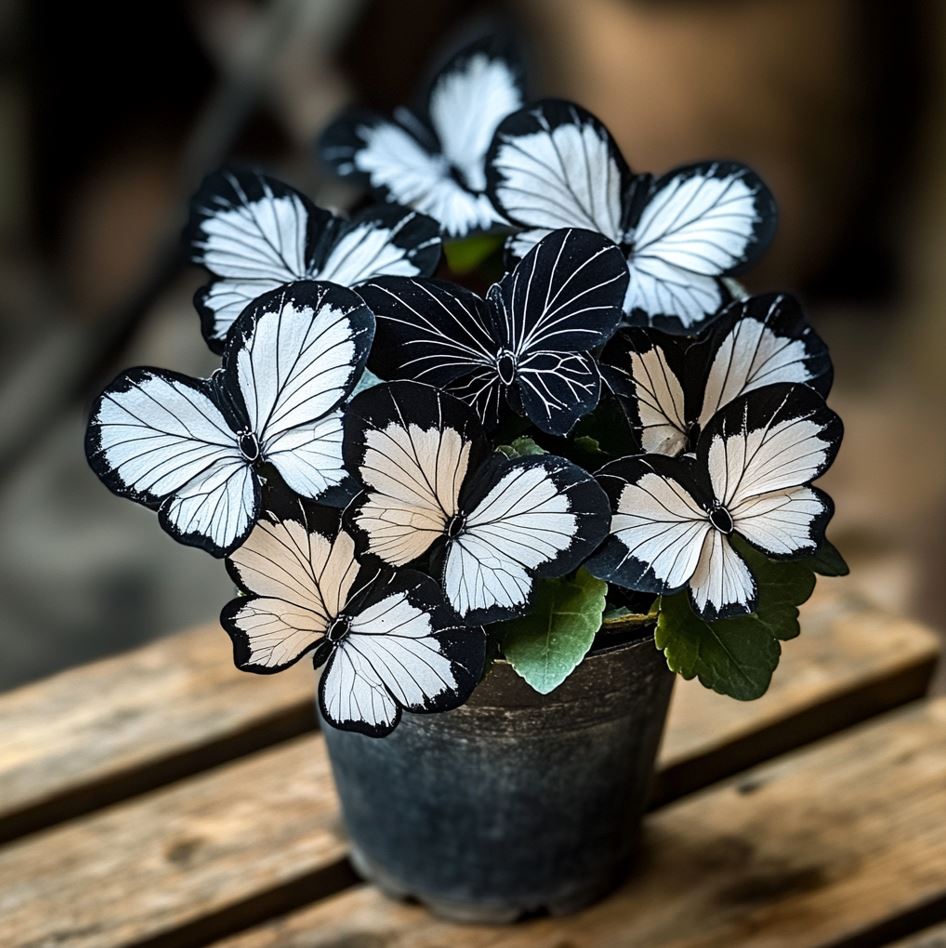 Begonia plant with white and black butterfly-shaped flowers in a dark pot on a wooden table.