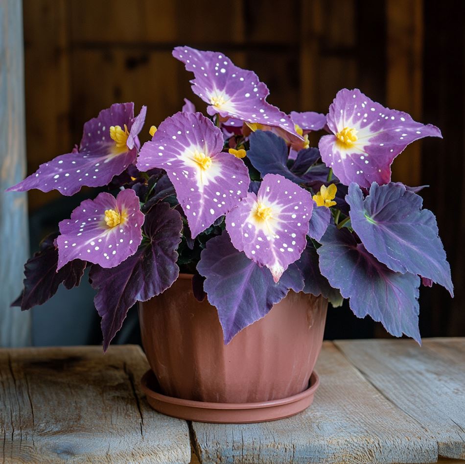 Begonia Moonlight Bay with purple leaves and speckled flowers in a pot