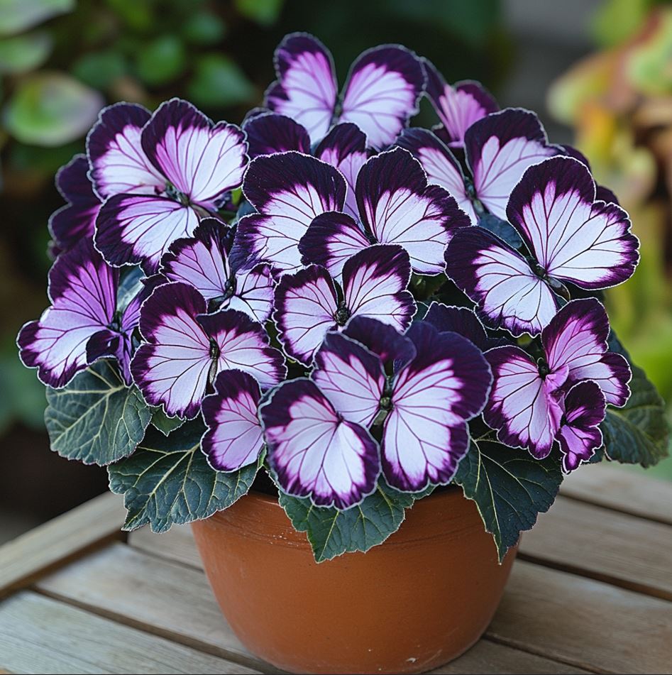 Begonia Moonlight Butterfly with purple and white leaves in a pot.