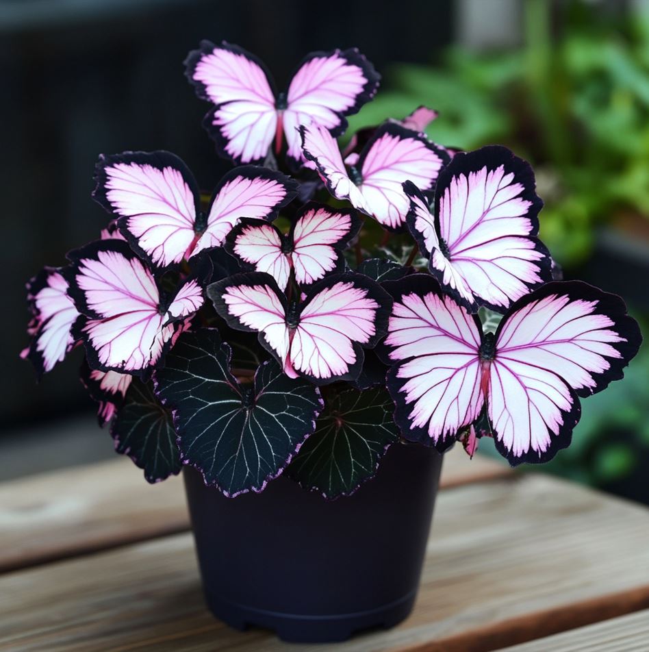 Begonia Moonlight Butterfly plant with pink and white leaves shaped like butterflies in a black pot on a wooden surface.