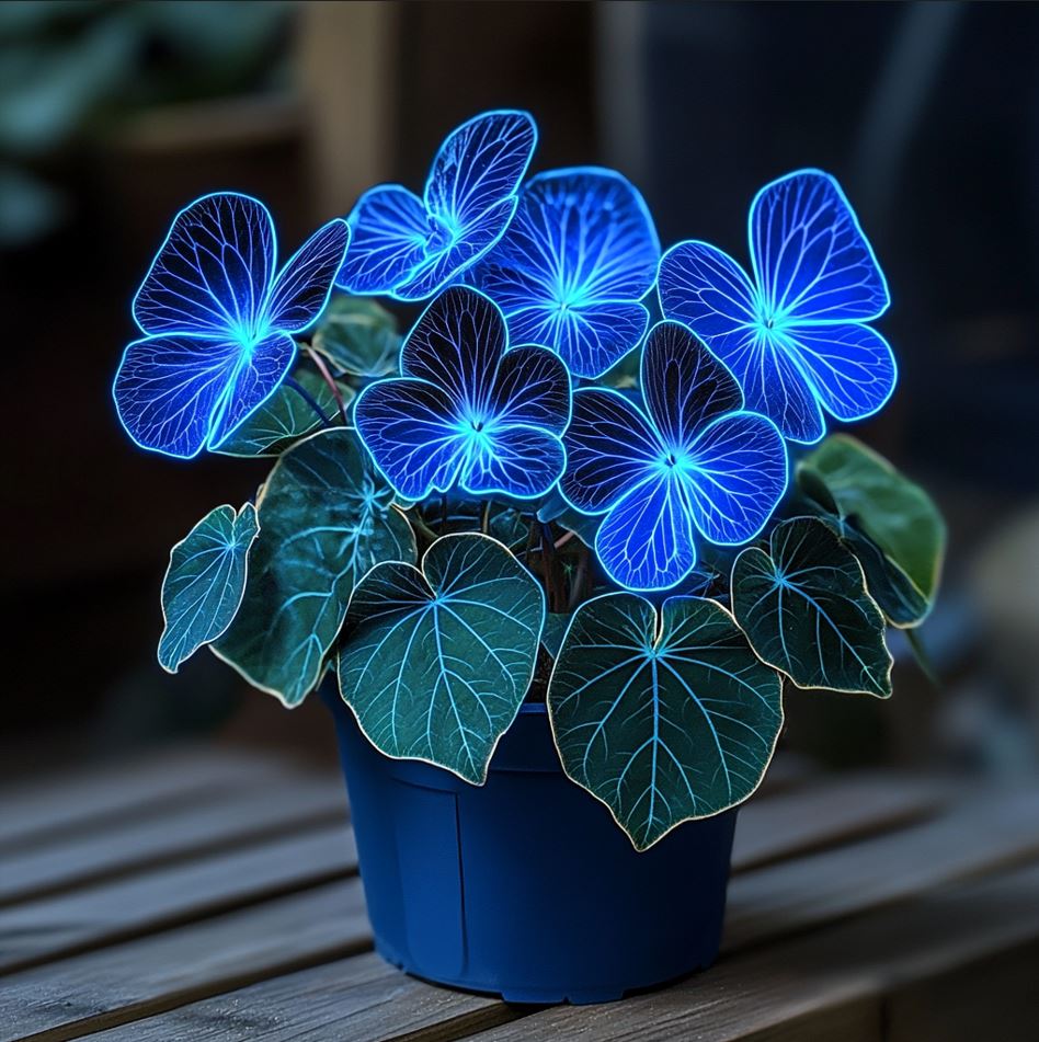 Begonia Moonlight Butterfly Seeds with glowing blue flowers in a blue pot on a wooden table.