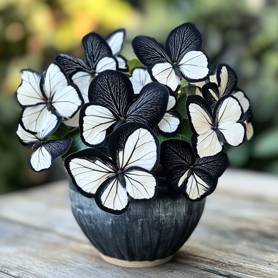 Begonia Moonlight Butterfly with black and white butterfly-shaped leaves in a pot