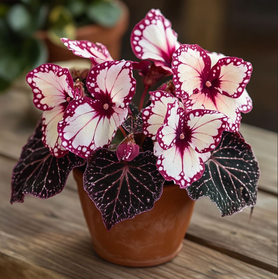 Begonia Moonlight Butterfly plant with burgundy and white butterfly-shaped leaves in a terracotta pot.