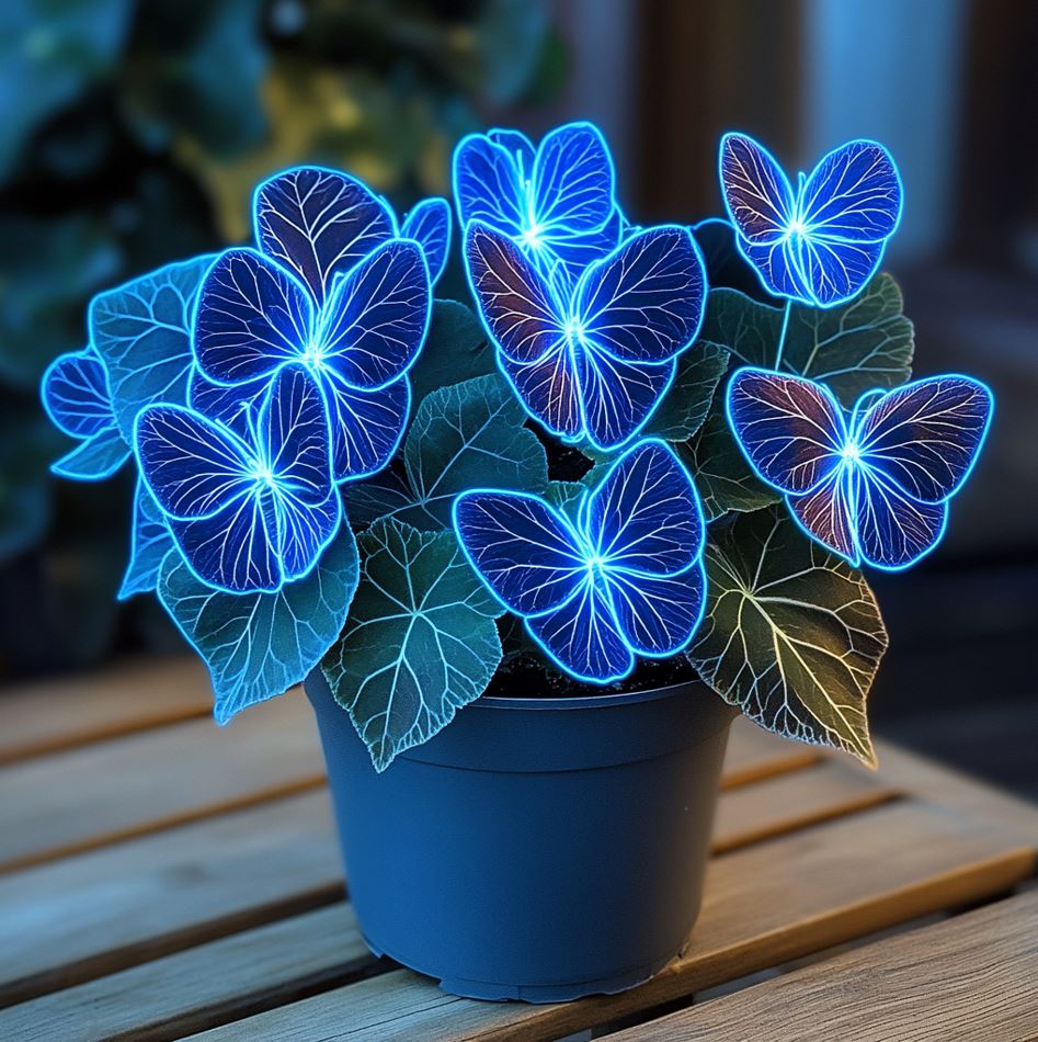 Begonia Moonlight Butterfly with vivid blue glowing leaves in a dark pot.