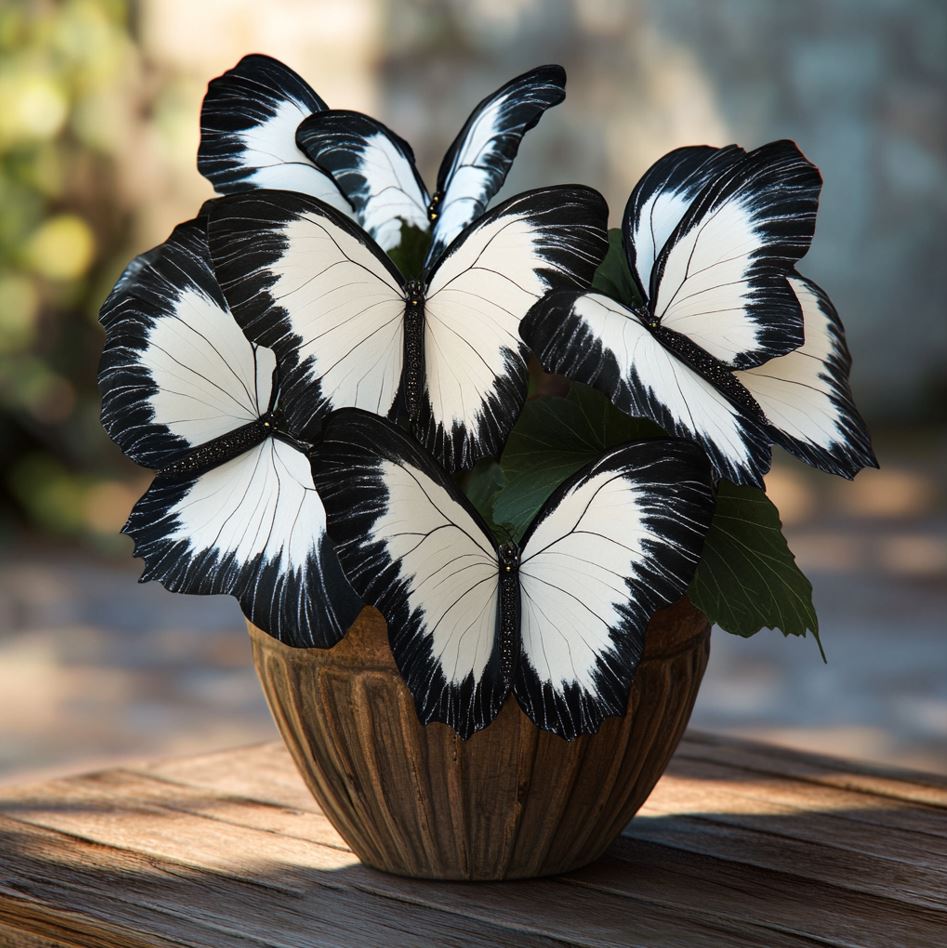 Begonia Moonlight Butterfly plant with elegant black and white butterfly-shaped leaves in a rustic brown pot.