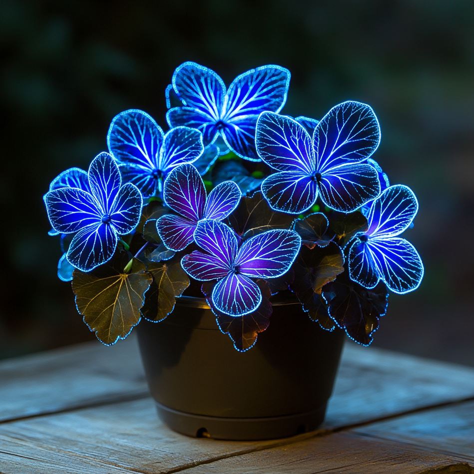 Begonia Moonlight Butterfly with glowing blue neon leaves in a pot