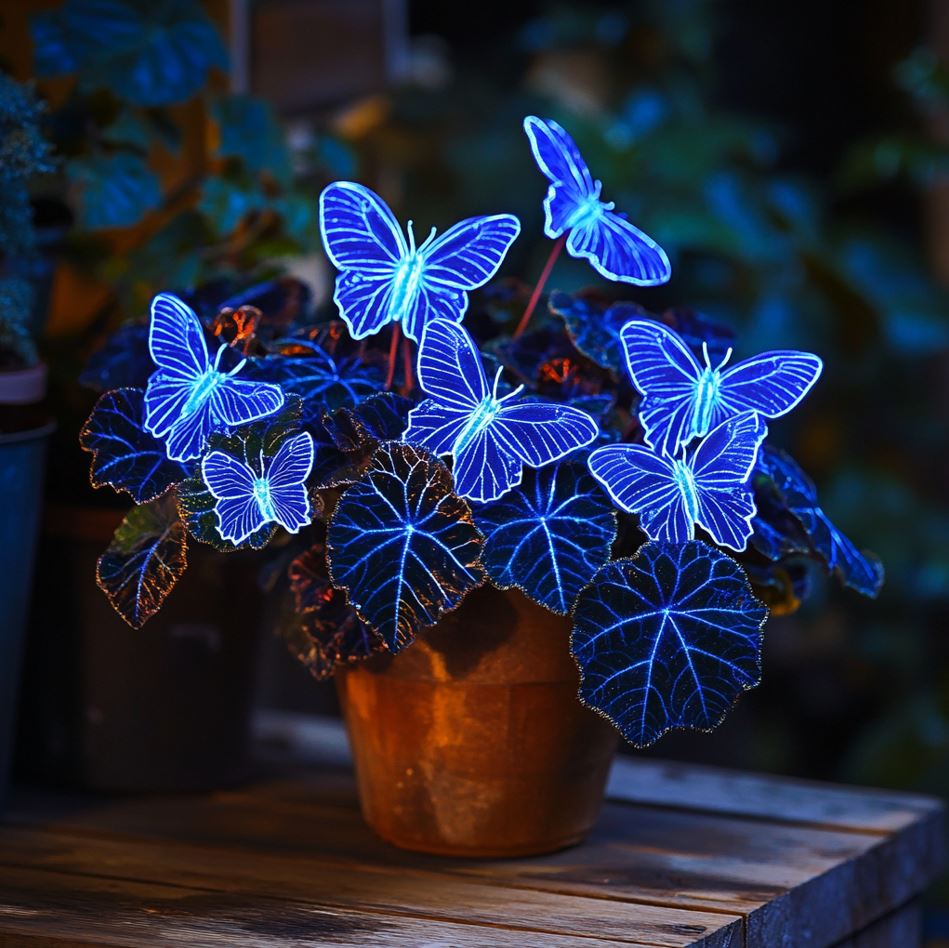 Begonia Moonlight Butterfly with neon glowing blue butterfly-shaped leaves in a pot