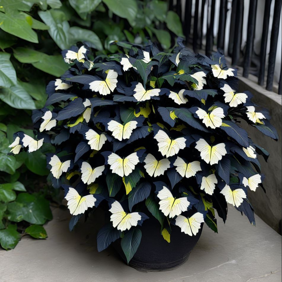 Begonia Moonlight Butterfly with dark leaves and pale yellow butterfly-shaped patterns