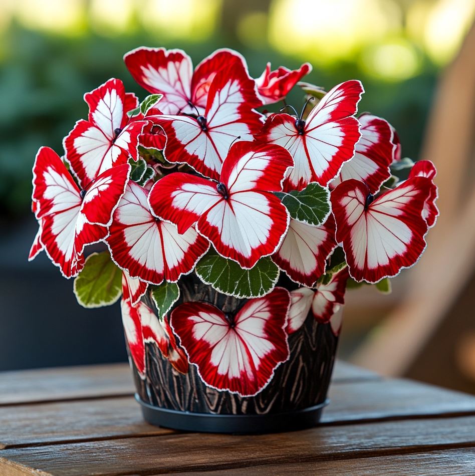 Begonia Moonlight Butterfly plant with striking red and white butterfly-shaped leaves in a decorative pot.