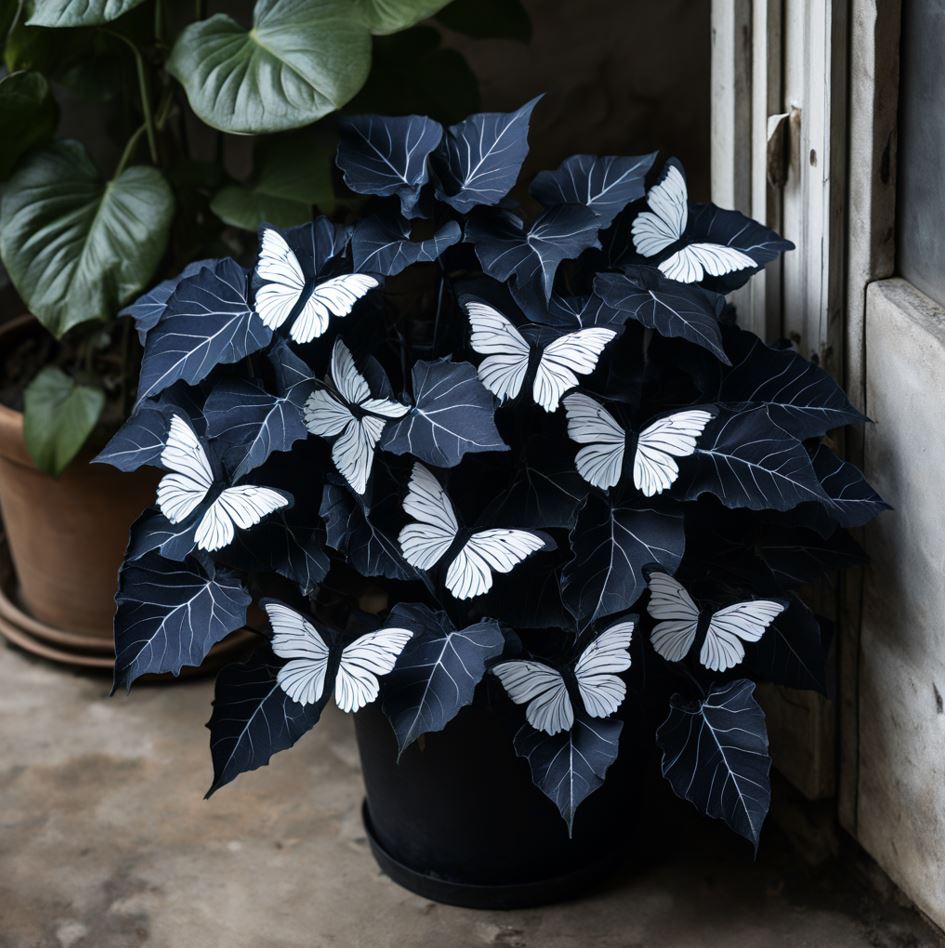 Begonia Moonlight Butterfly with dark leaves and white butterfly-shaped patterns