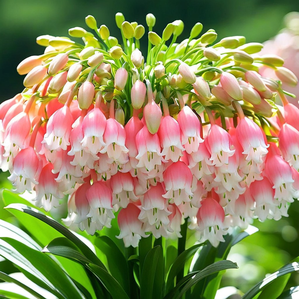 Cluster of pink and white bell-shaped flowers in a garden