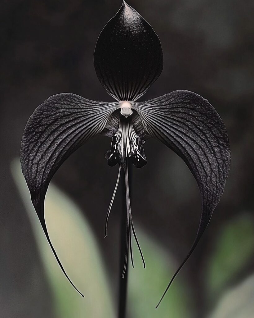 Black Bat Flower with dark, bat-like petals and long whiskers.