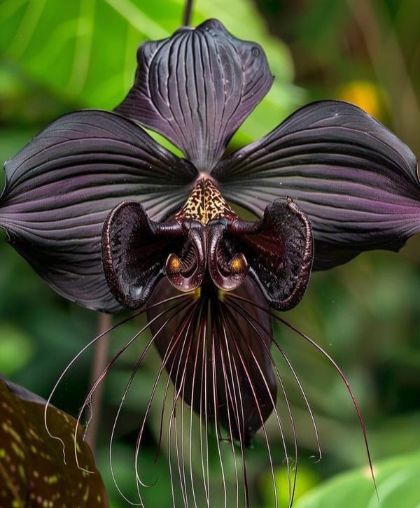 Close-up of the Black Bat Flower with dark, bat-like petals and long whiskers.