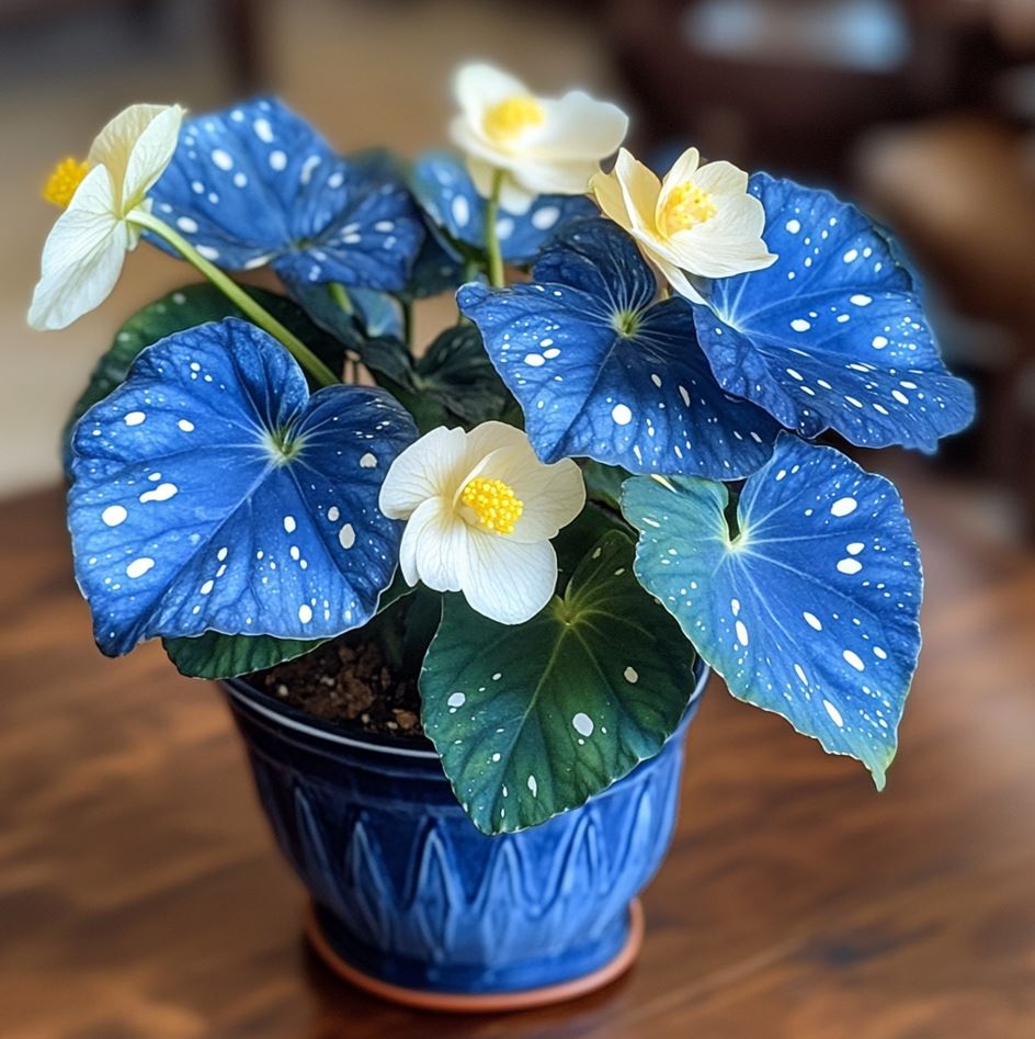 Blue Angel Wing Begonia with dark blue neon leaves and white flowers in a decorative blue pot