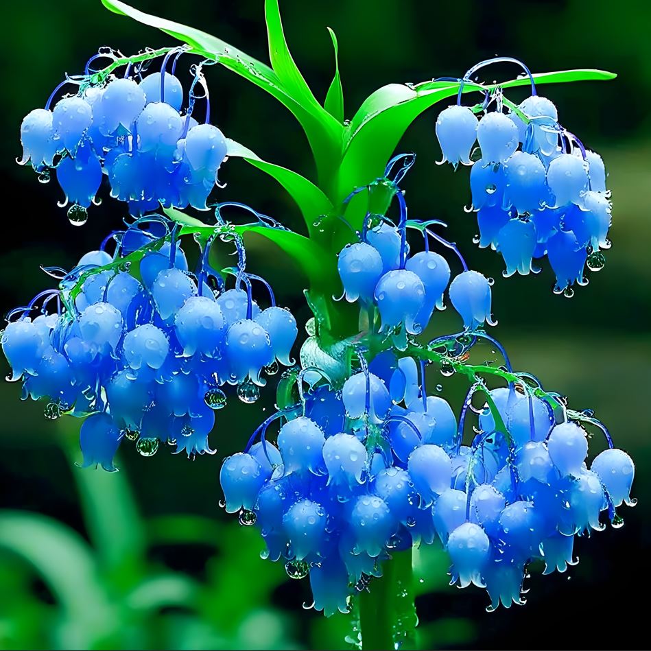 Lily of the Valley plant with blue bell-shaped flowers covered in dewdrops in a lush green setting